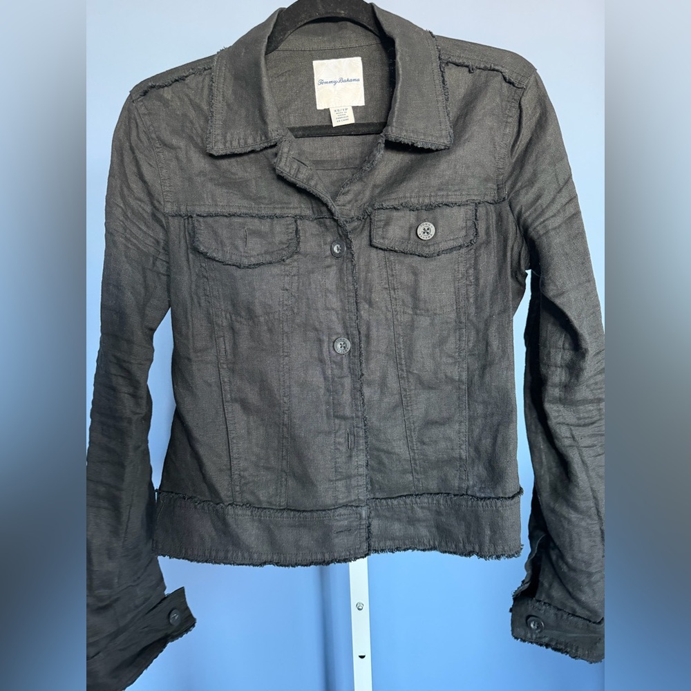 Tommy Bahama Two Palms 100% Linen Raw edge jacket.  Black Button-Front. - Picture 5 of 7